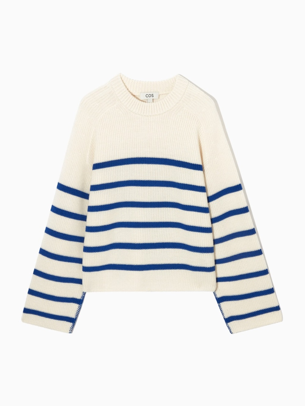 COS Cream Crewneck Sweater with Bold Blue Stripes Size S